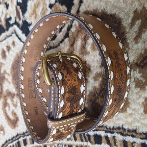 Vintage Western Tooled Leather Belt Acorn Leaves Botanical 70s 80s 90s Retro